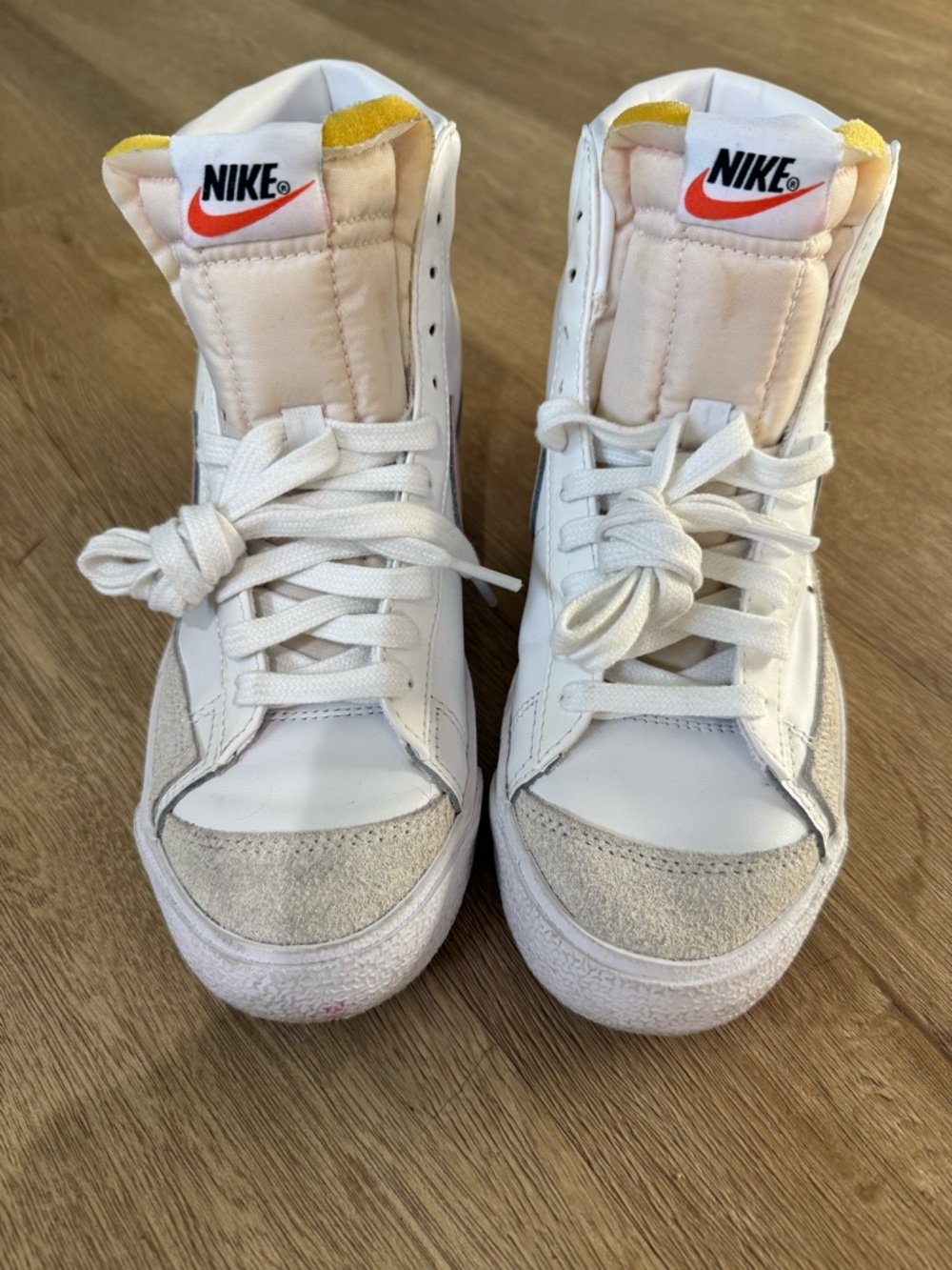 Nike White High-Top Sneakers with Beige Tongue & Yellow Accent